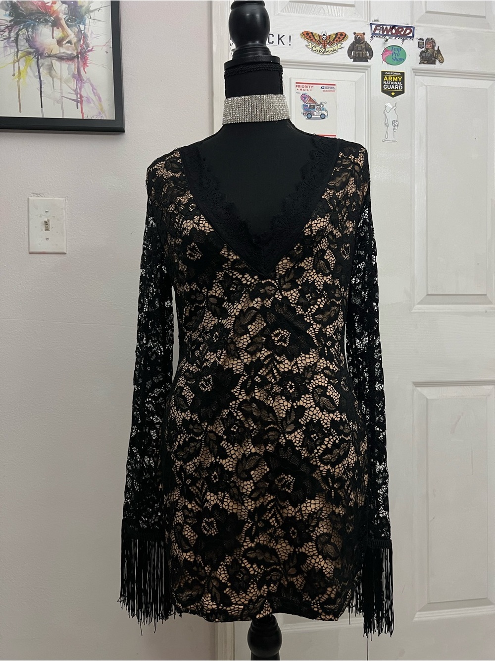 Black Lace Long-Sleeve V-Neck Fringe Dress